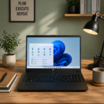 HP laptop on rent with modern home office workspace and Windows 11 display