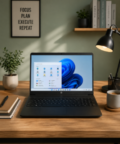 HP laptop on rent with modern home office workspace and Windows 11 display