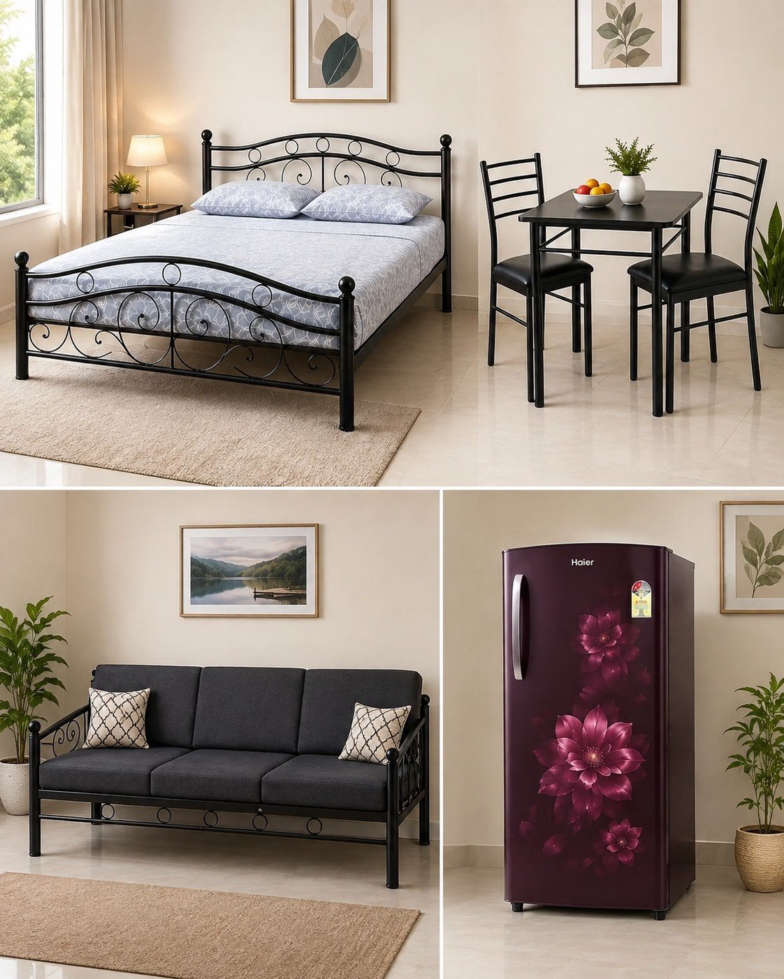Iron Bed + DIning Table + Sofa + Fridge