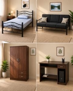 Iron single Bed+Iron sofa 3 seater+ wooden cupboard+computer table Combo