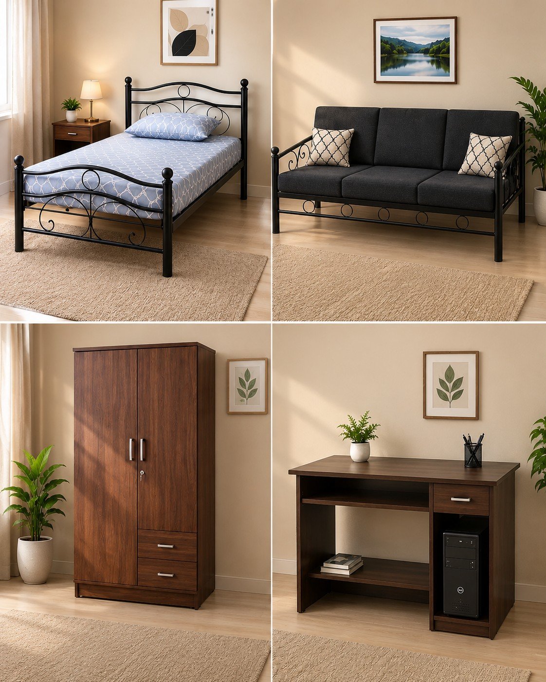 Iron single Bed+Iron sofa 3 seater+ wooden cupboard+computer table Combo