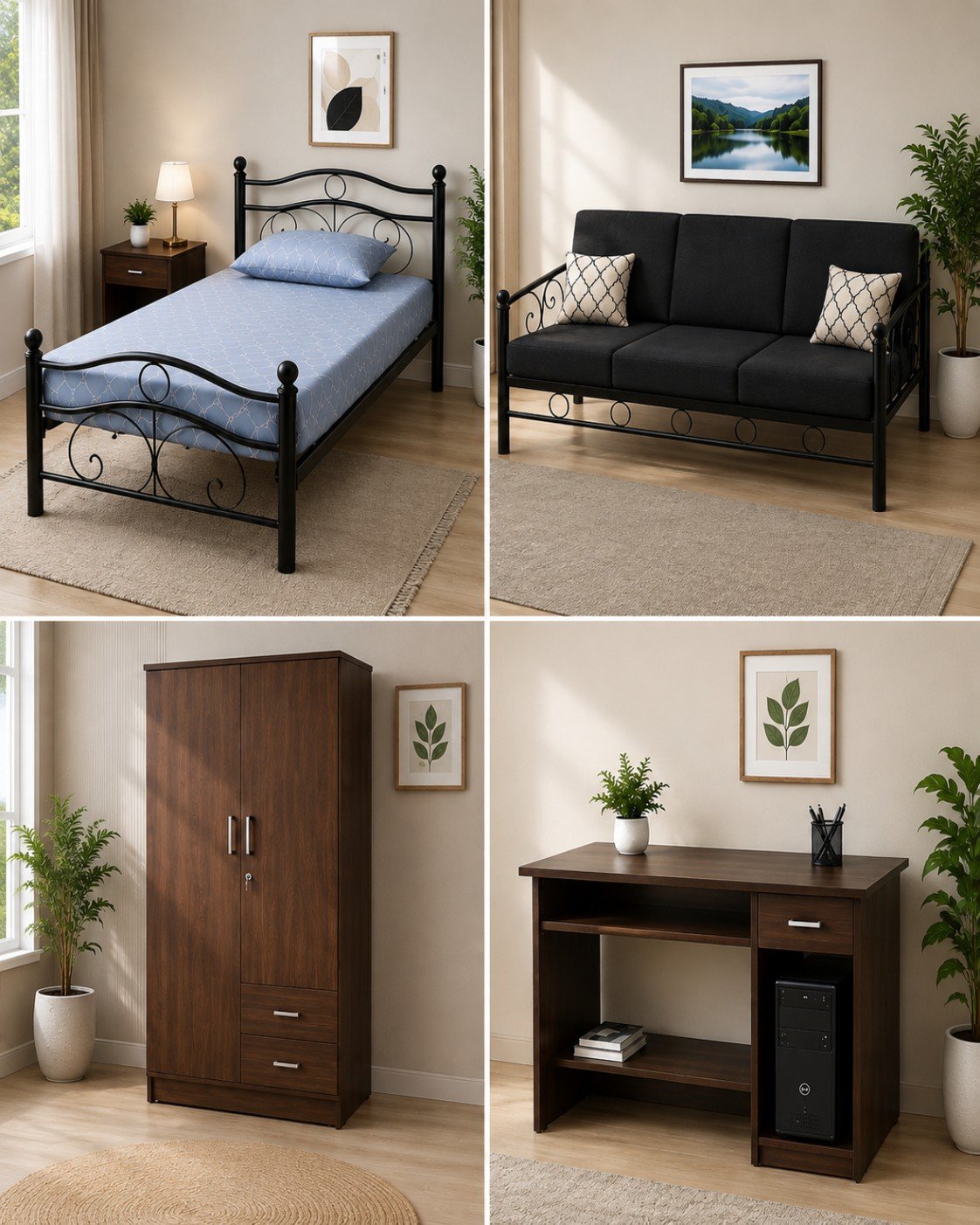 Iron single Bed Iron sofa 3 seater wooden cupboard computer table Combo secondary image