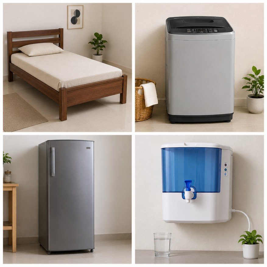 Wooden-Single-BedWashing-MachineFridgeWater-Purifier-Combo on rent
