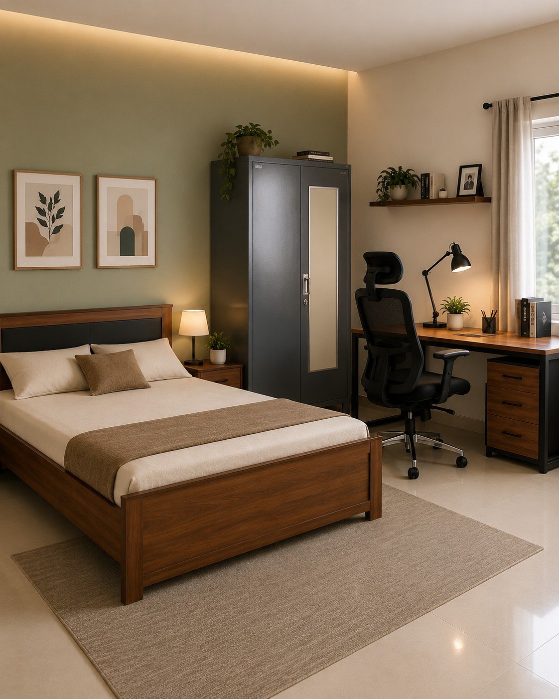 Wooden double Bed+steel cupboard+study table+Executive chair Combo secondary image