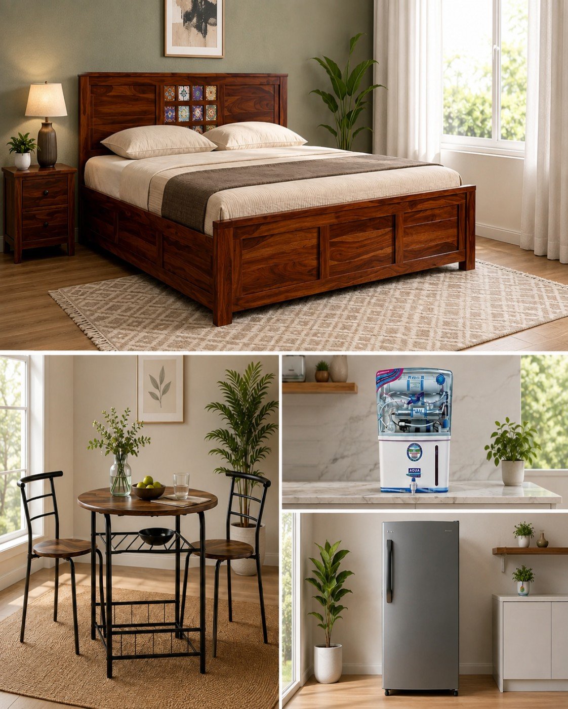 Bed+ 2 seater Dining table+ Fridge + Water Purifier