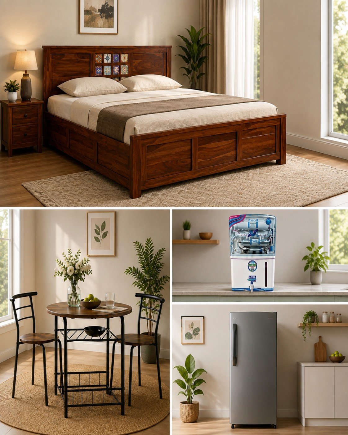 Bed+ 2 seater Dining table+ Fridge + Water Purifier secondary image