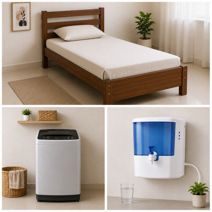 Single Bed, Washing Machine & Water Purifier on Rent
