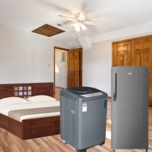 wooden storage double Bed+ fridge(190 LTR)+ top load washing machine(7.5KG)